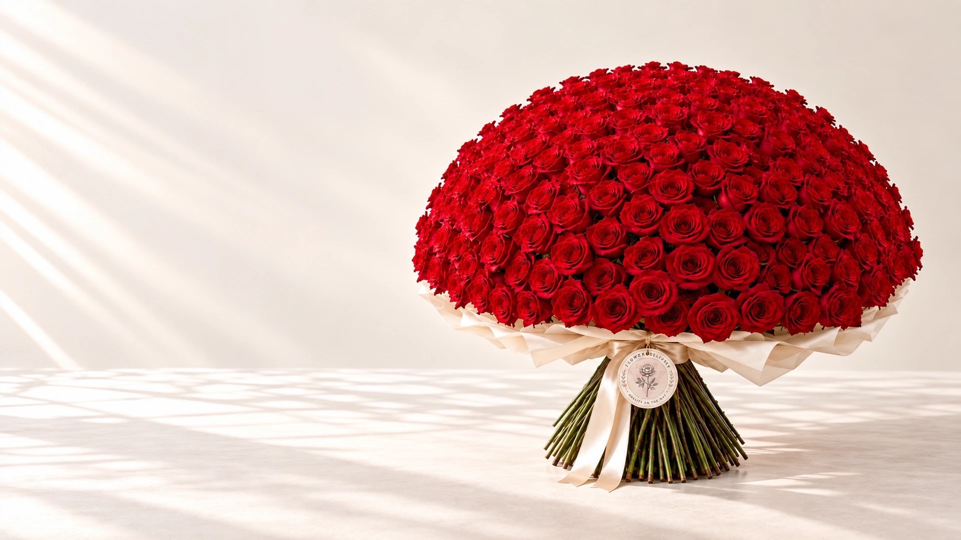 Stor rund bukett med röda rosor, champagneband och Flowerdelivery-hangtag.